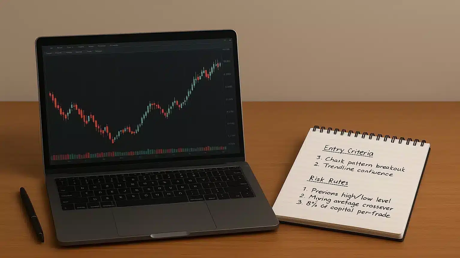 Clear and Tested Trading Strategy - SocialVPS A minimal desk setup showing handwritten trading plans, printed strategy notes, and a laptop with backtested chart data.