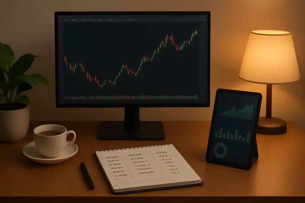 Mindset Psychology and Discipline - SocialVPS A calm trading desk with mood lighting, a monitor showing a forex chart, a tablet with notes, and a notebook symbolizing discipline.