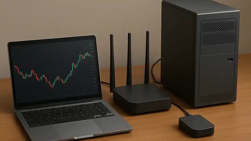 Stable Environment- Hardware Internet VPS - SocialVPS A 3D realistic workspace setup featuring a modern PC, stable internet router, and a compact VPS device on a clean desk.