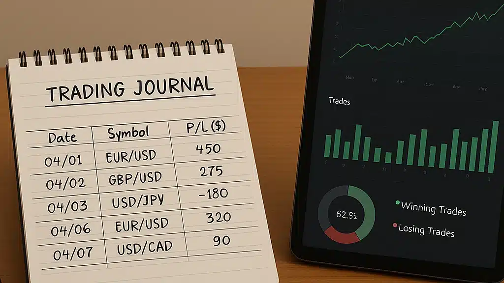 Trading Journal and Performance Analytics - SocialVPS A tidy workspace with a trading journal, a laptop showing performance dashboards, and color-coded analytical graphs.
