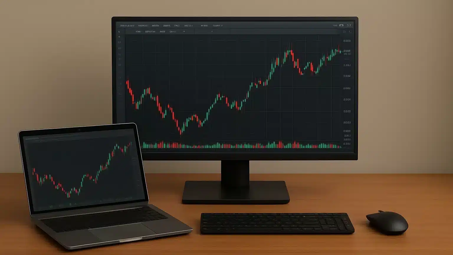 Trading Platform and Charting Tools - SocialVPS A 3D realistic workspace setup featuring a modern PC, stable internet router, and a compact VPS device on a clean desk.